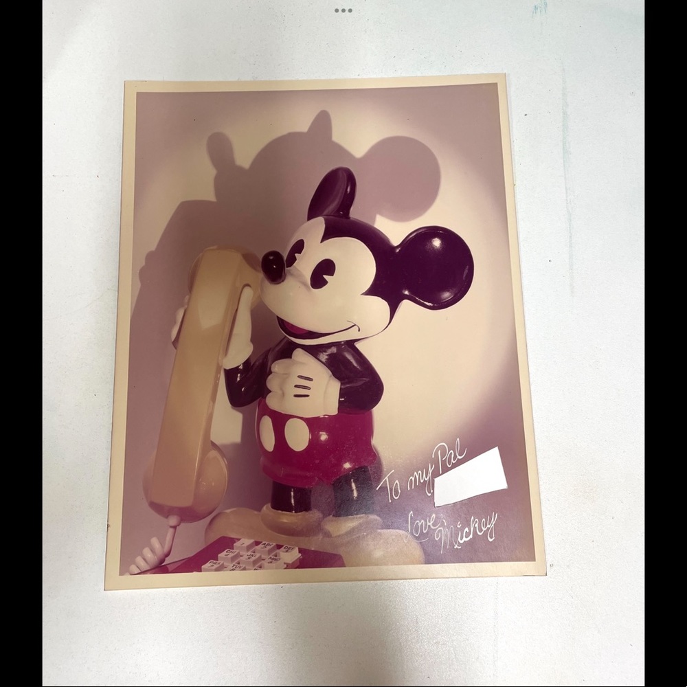 Vintage autographed Mickey Mouse photo holding push button telephone